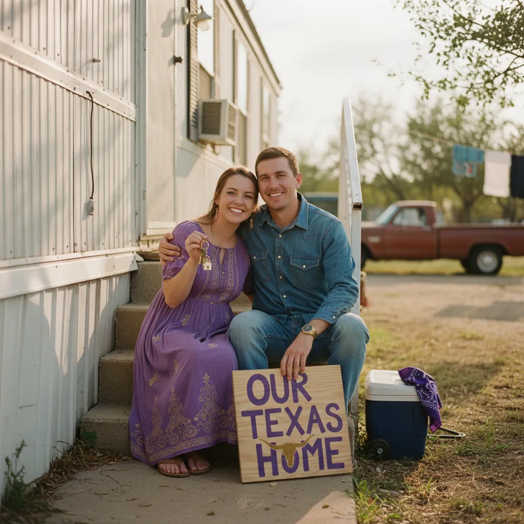 Young Texas couple sitting on the front steps of a used doublewide manufactured home holding keys
