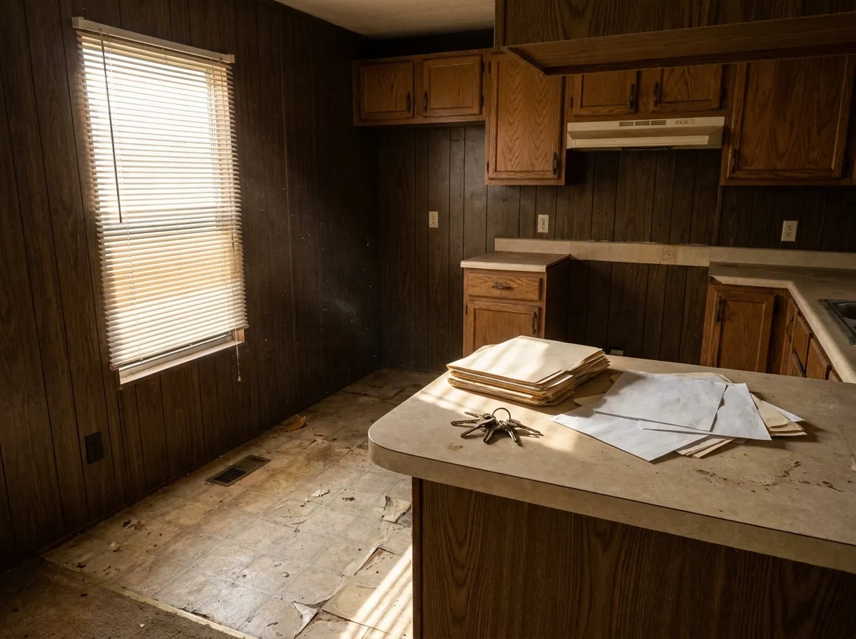 Paperwork and keys on a table inside an older Texas manufactured home