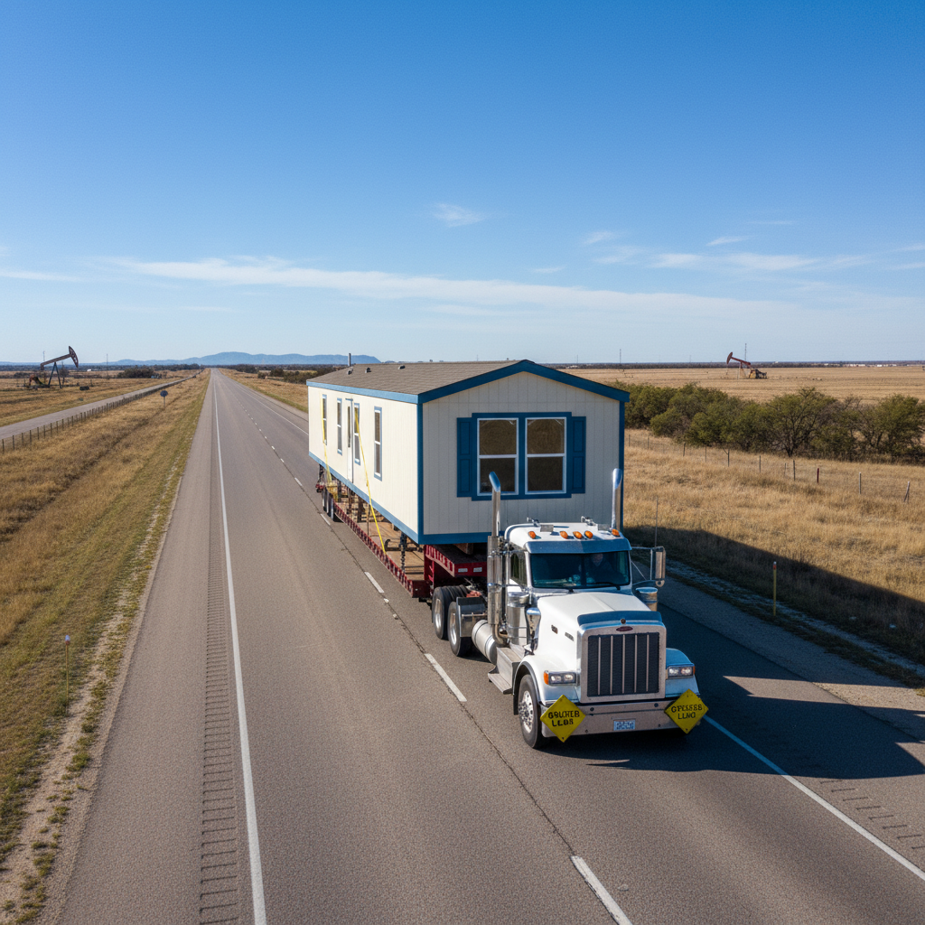 Manufactured home being transported on a Texas highway