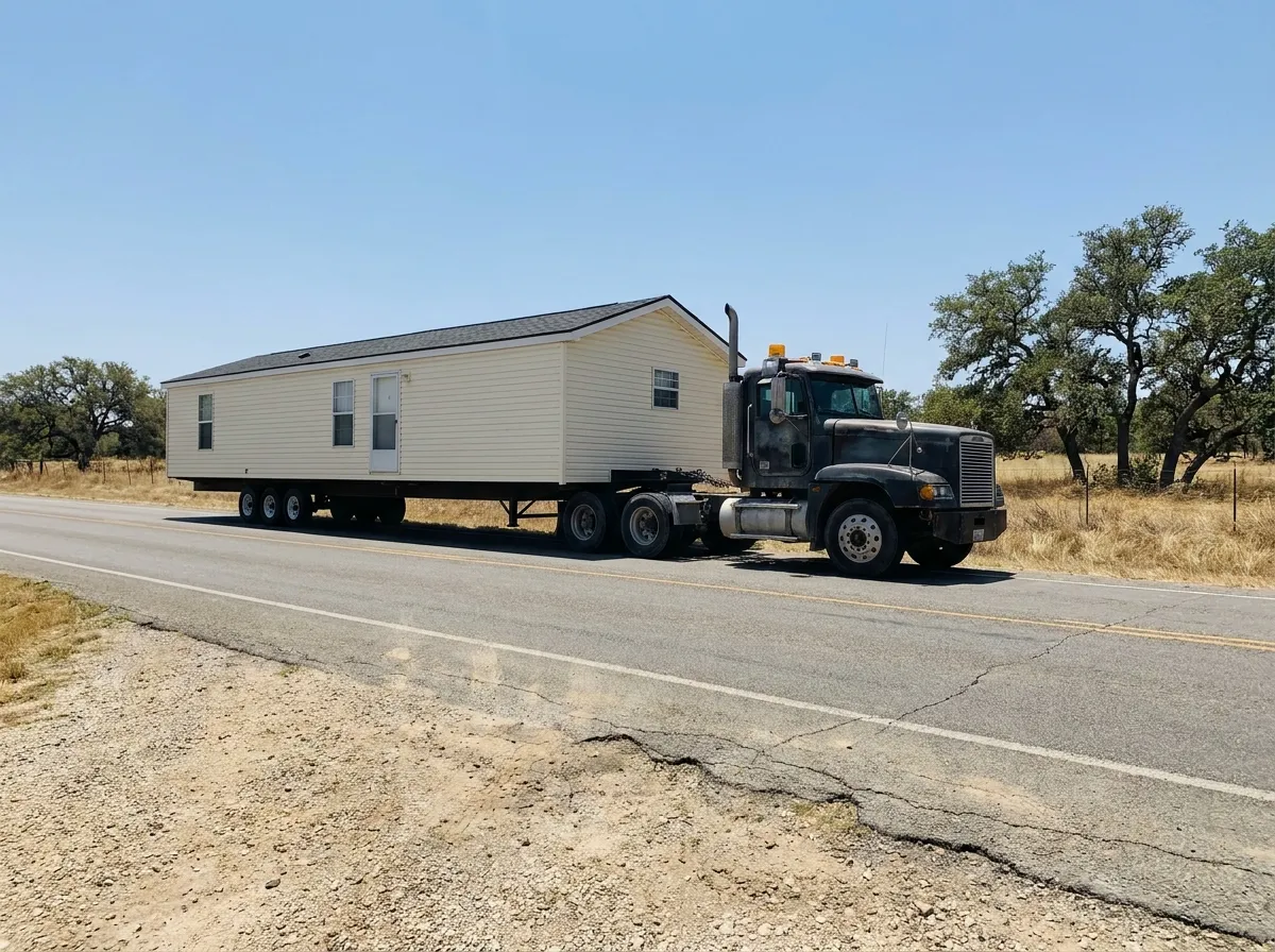 A manufactured home section on a transport chassis on a rural Central Texas highway