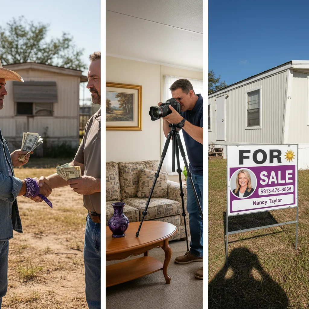 Split composition showing three ways to sell a Texas mobile home — cash offer handshake, MLS listing photographer, and realtor sign