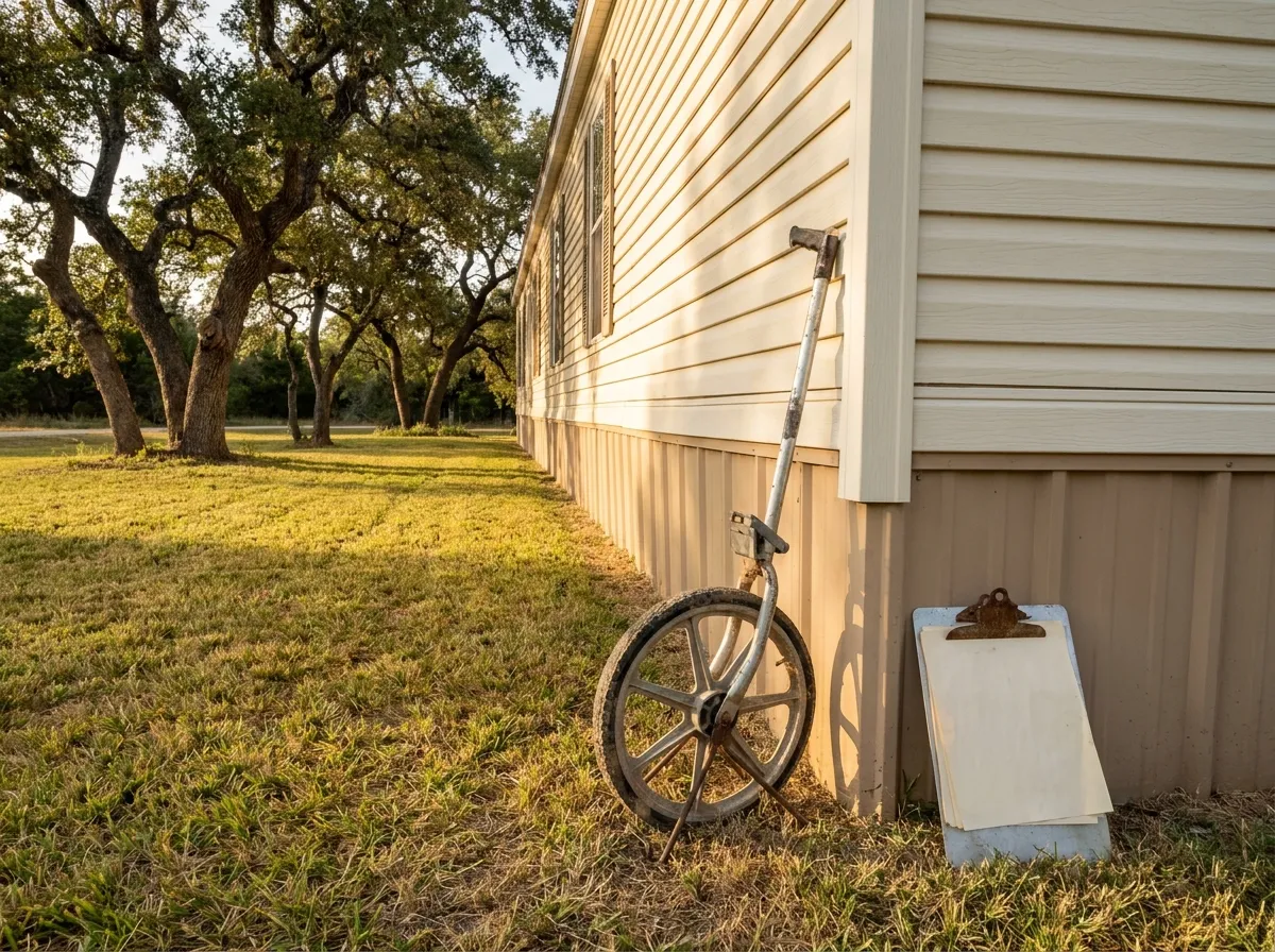 An appraiser measuring a manufactured home on a Central Texas lot