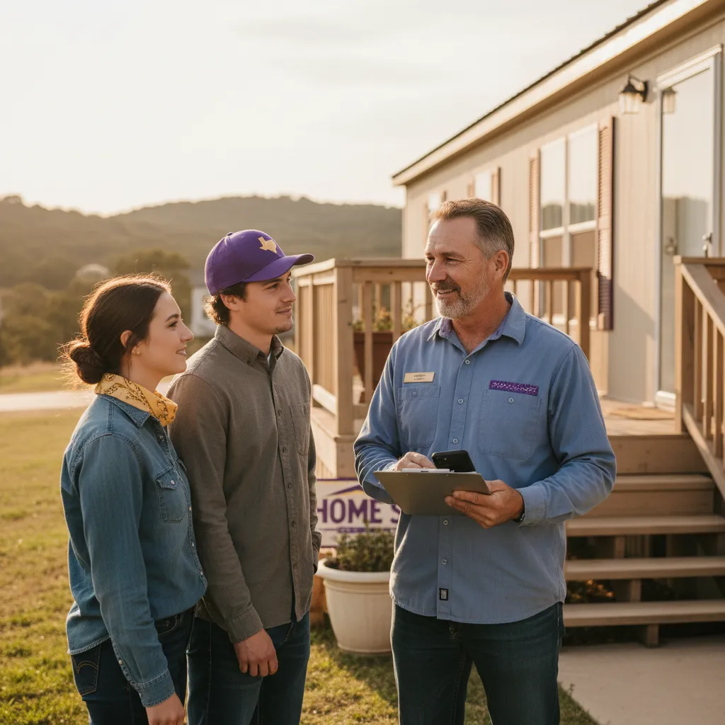 Texas mobile home dealer speaking with a young couple beside a manufactured home