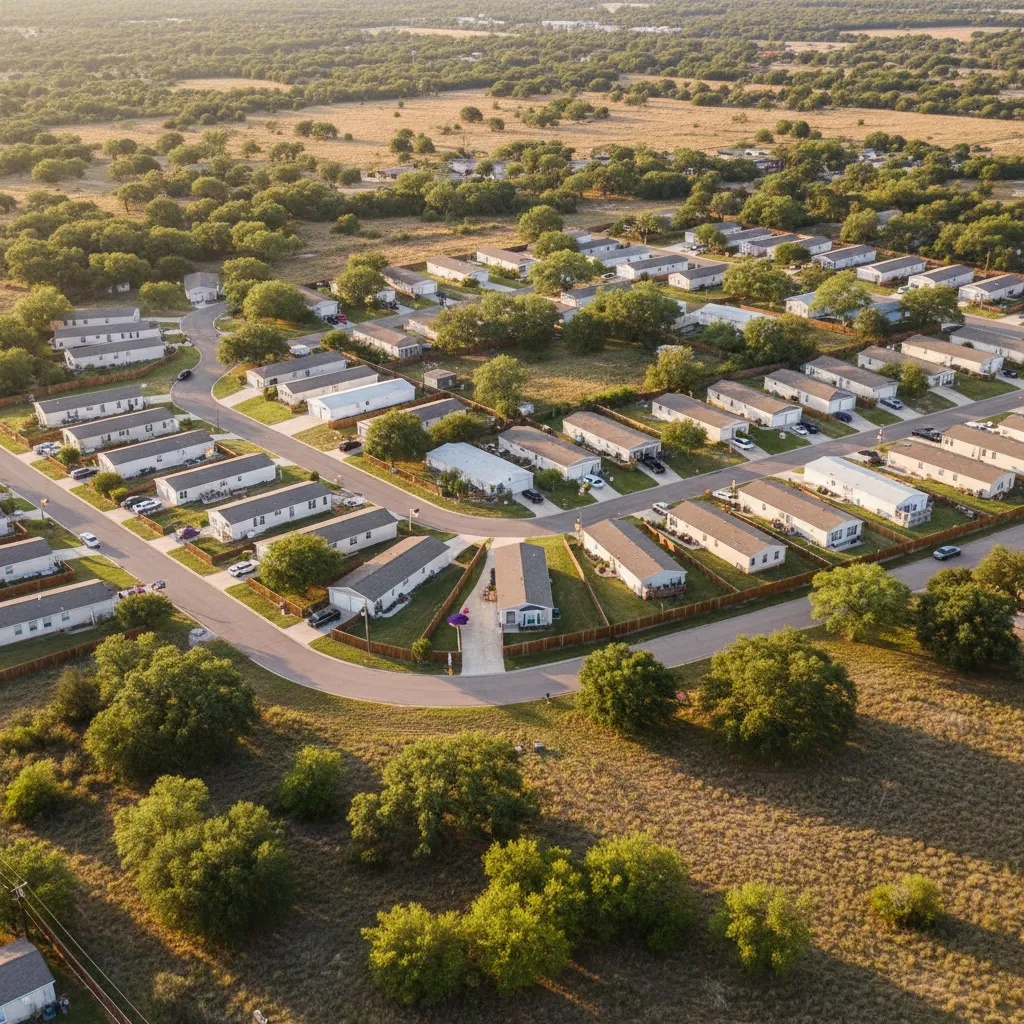 Overhead aerial view of a clean Austin-area manufactured home community with numbered lots and Texas vegetation