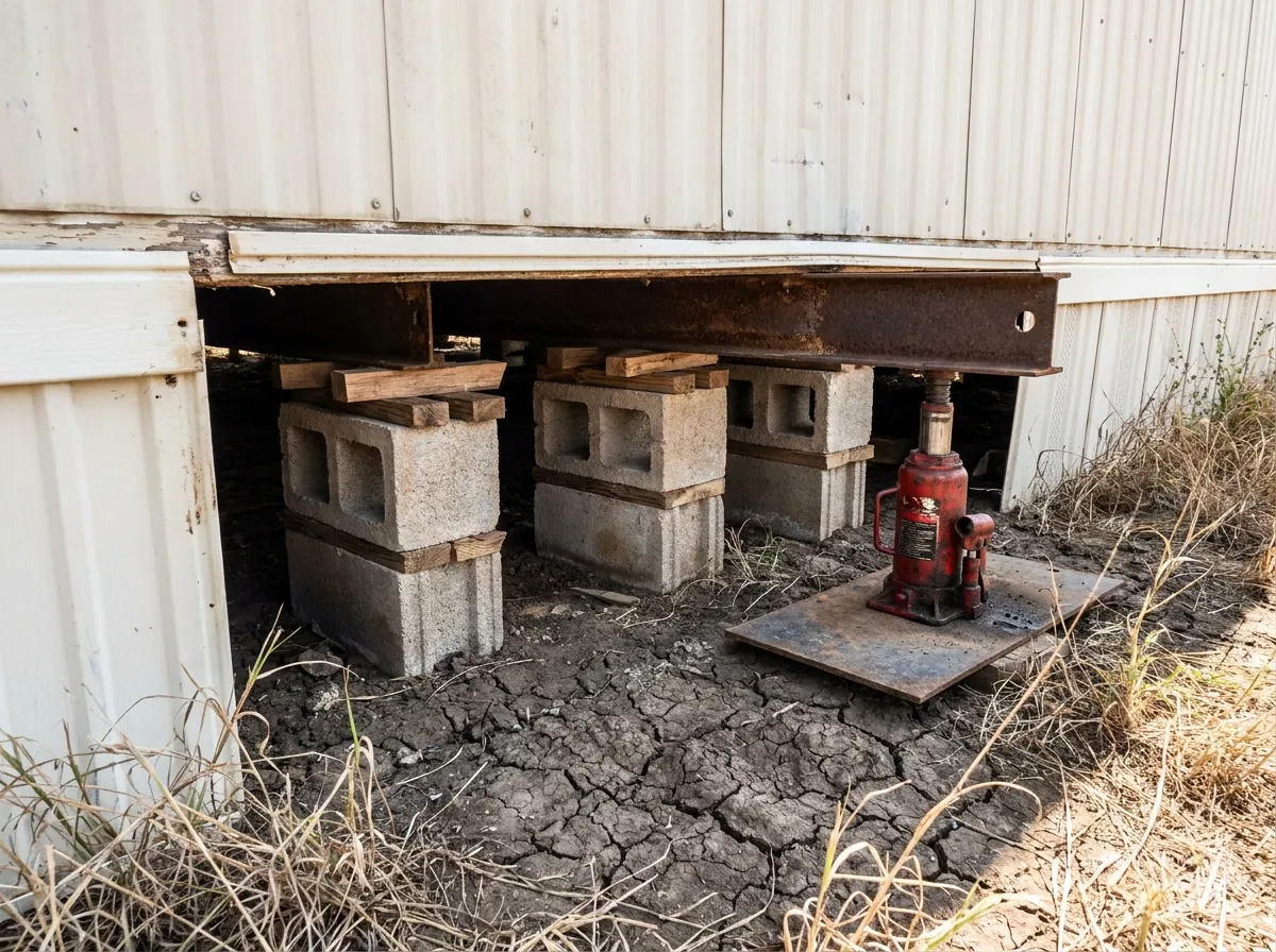 Concrete block piers and shims under a manufactured home with cracked clay soil