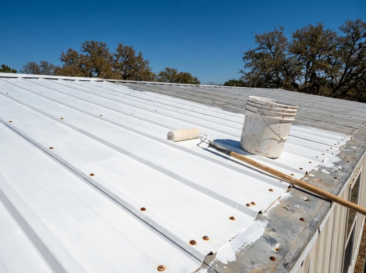 A low-slope metal manufactured home roof with a reflective white coating under a Texas sky