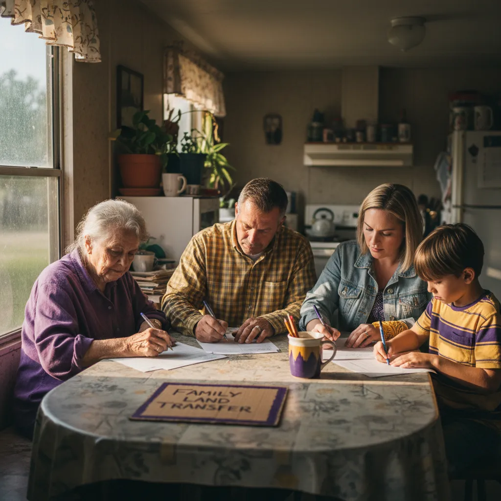 Texas family signing owner financing paperwork at a kitchen table inside a used manufactured home