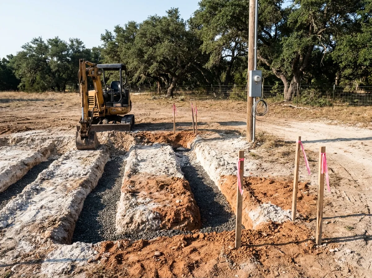 A cleared rural Texas homesite with utility stakes and a septic drainfield marked out