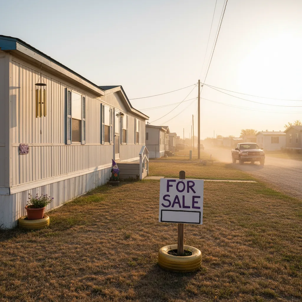 Texas manufactured home with a For Sale sign in the front yard in a community