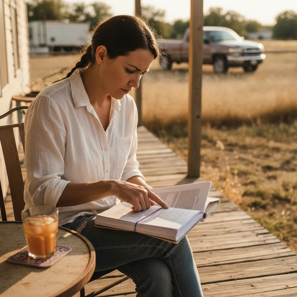 Texas woman reviewing a multi-page lease-purchase document on the front porch of a manufactured home