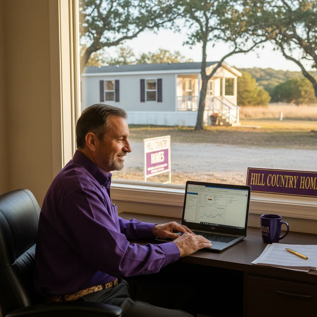 Mobile home buying business operator working on a laptop in a Texas office
