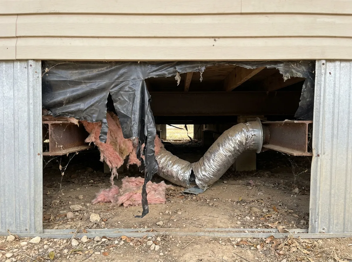Underside of a manufactured home showing a torn belly board and a sagging crossover duct