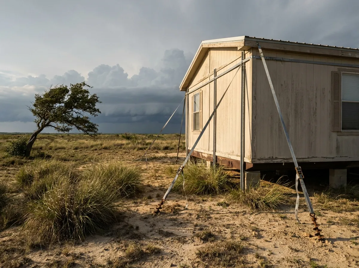 Steel tie-down straps and auger ground anchors securing a manufactured home on the Texas Gulf coastal plain