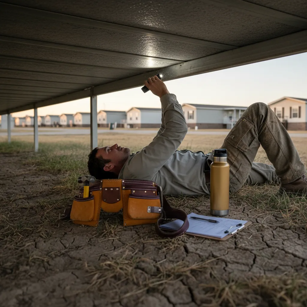 Home inspector examining belly wrap under a manufactured home in a Texas community