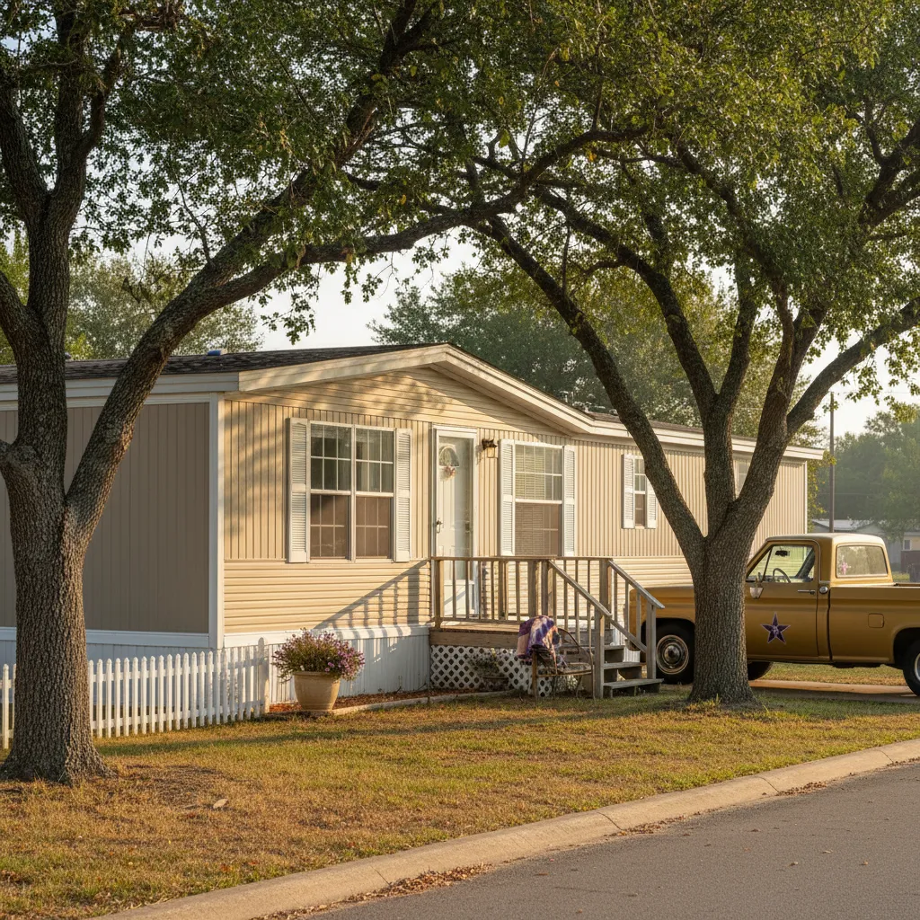 Exterior of a well-kept 1990s single-wide manufactured home with mature oak trees in a Texas community