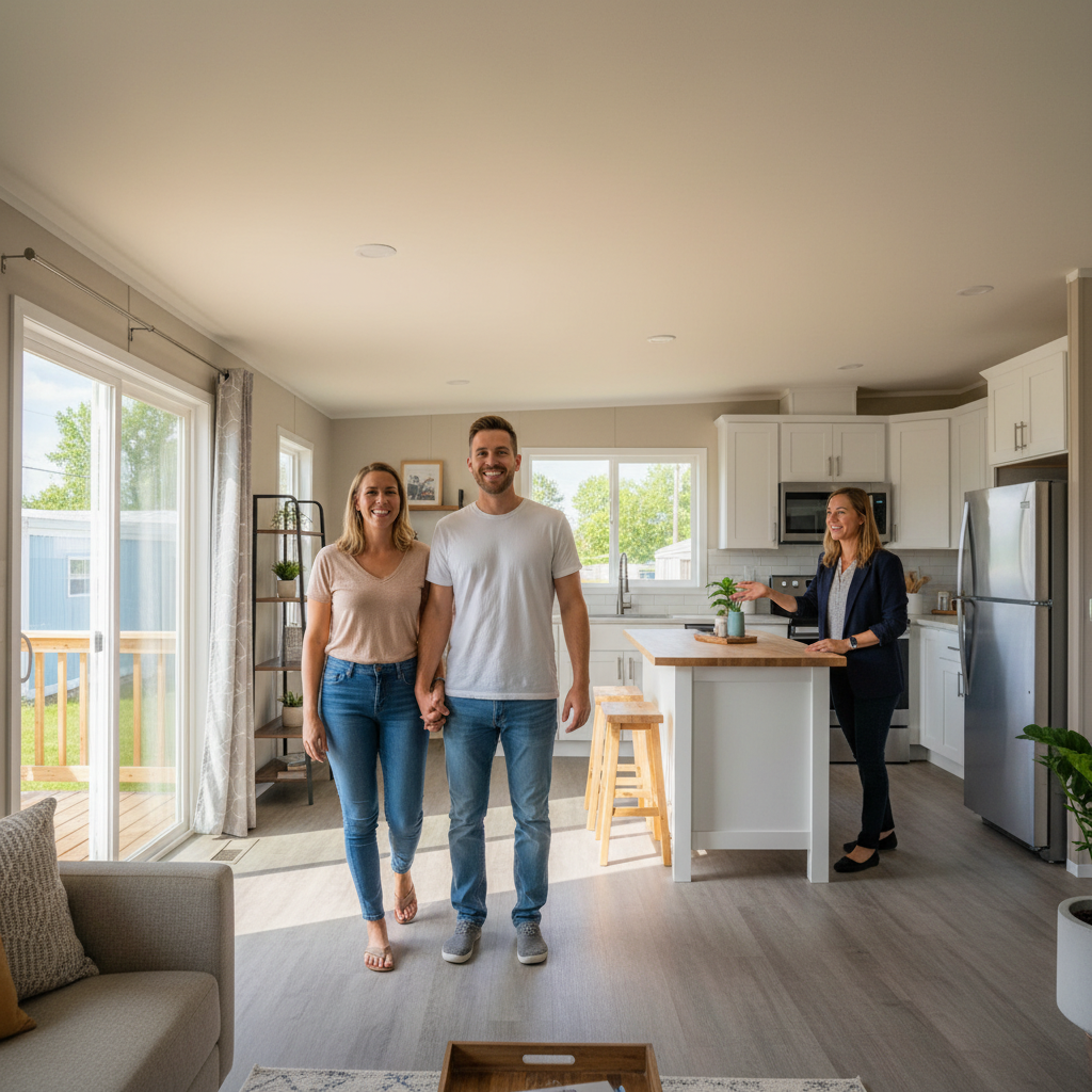 Couple touring a used manufactured home with agent