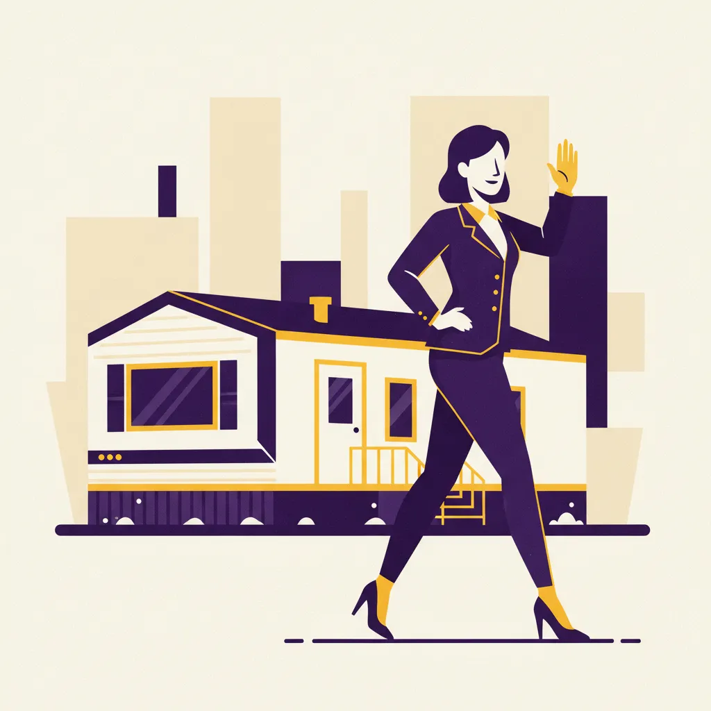 Illustration of a real estate agent in a business suit walking away from a mobile home in a park, hand raised in a 'no' gesture