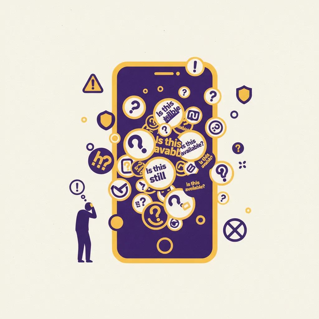Illustration of a smartphone overflowing with repetitive 'is this still available?' chat bubbles