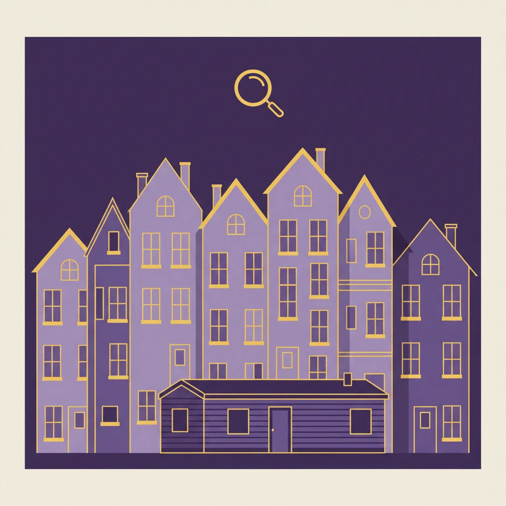 Illustration of a tiny mobile home almost completely hidden behind a row of large traditional houses