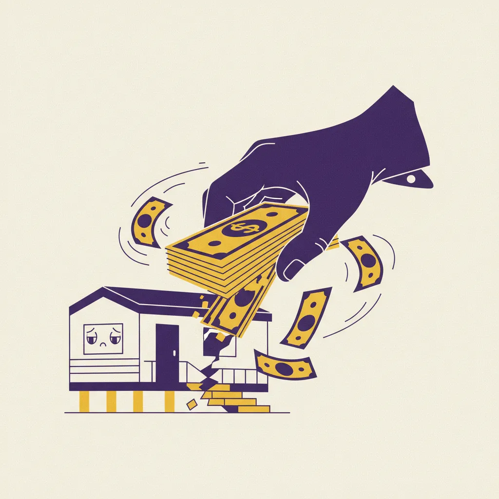 Illustration of a large hand pulling a thick stack of dollar bills away from a worried mobile home