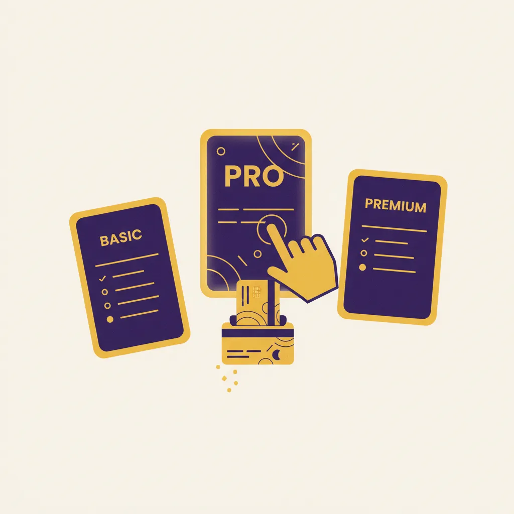 Illustration of three pricing cards with a hand cursor selecting one and a credit card sliding in