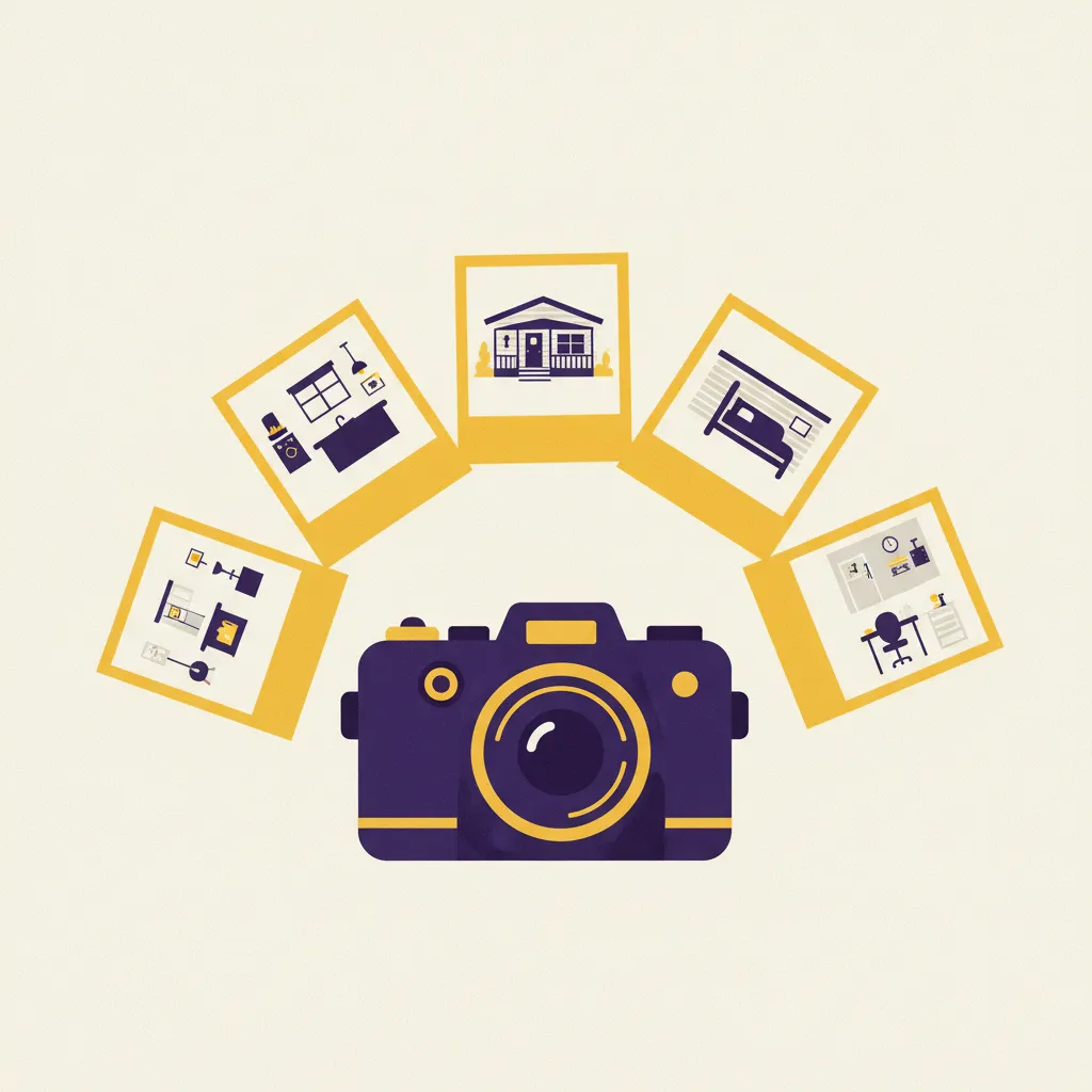 Illustration of a camera with photos of a mobile home fanning out from it