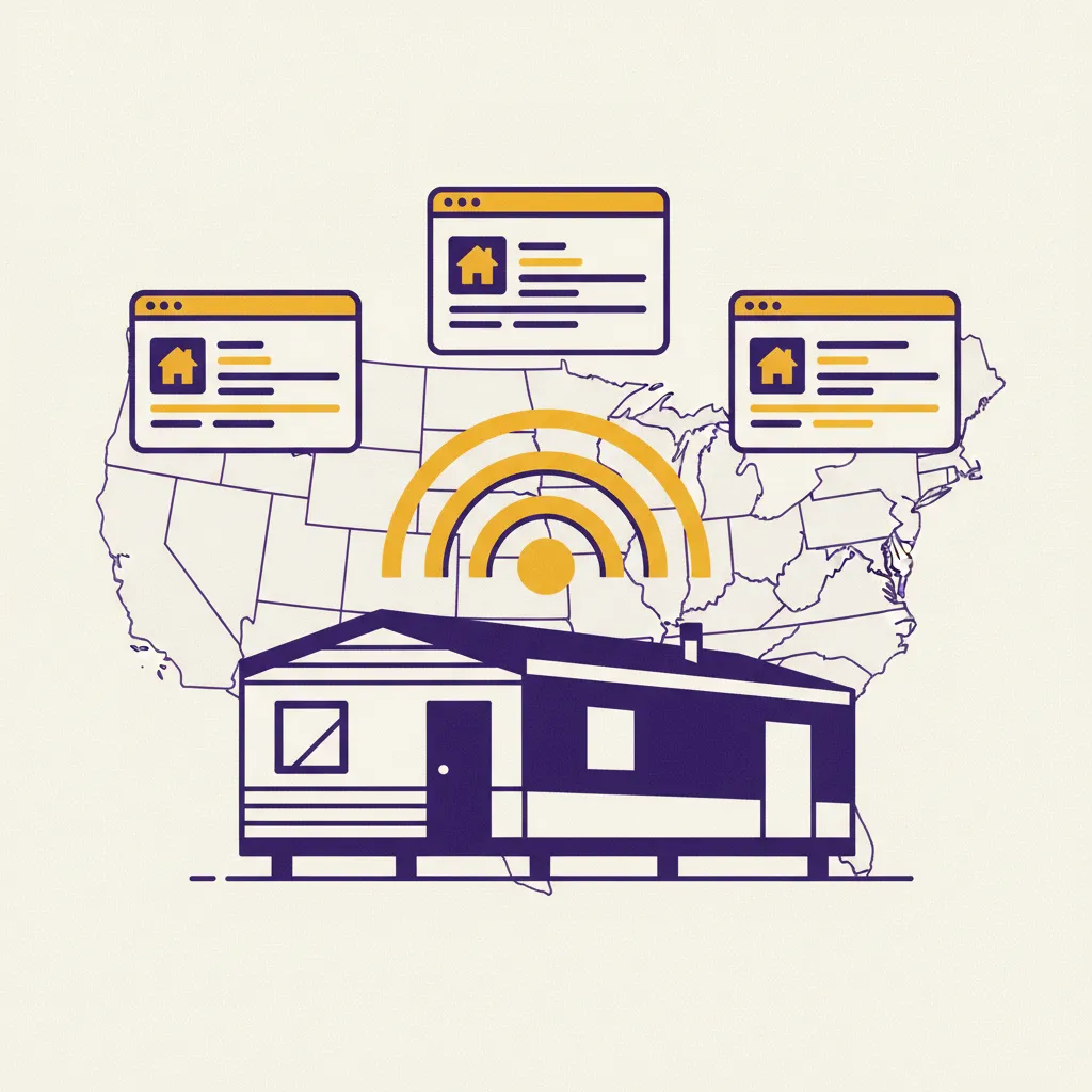 Illustration of a mobile home broadcasting waves out to multiple real-estate browser windows over a US map