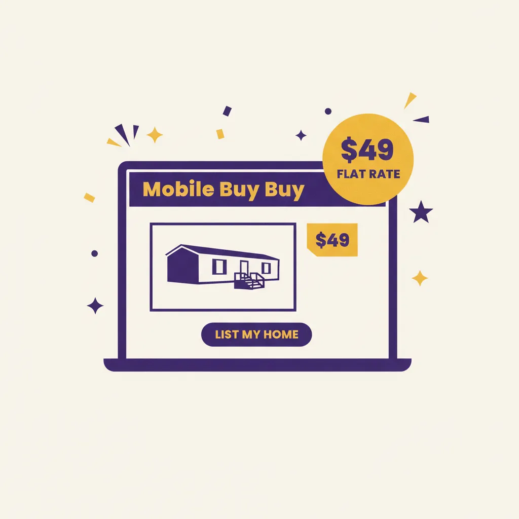 Illustration of a laptop displaying a Mobile Buy Buy marketplace listing with a $49 flat rate badge