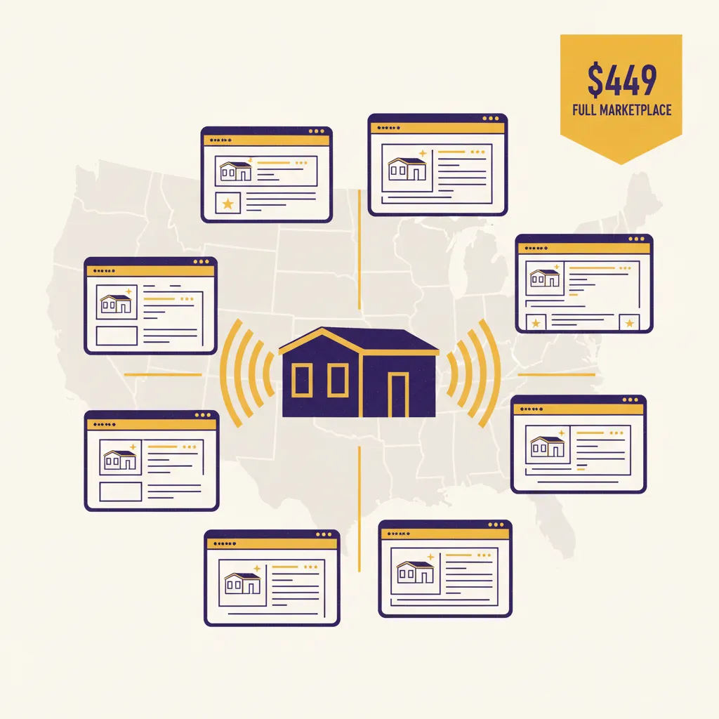 Illustration of a mobile home broadcasting to 8 real-estate portal browser windows over a US map with a $449 Full Marketplace badge